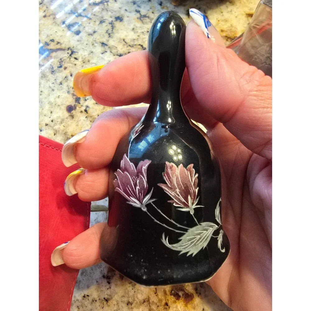 Vintage Floral‎ Ceramic Hand Bell Black Collectible Tabletop Decoration